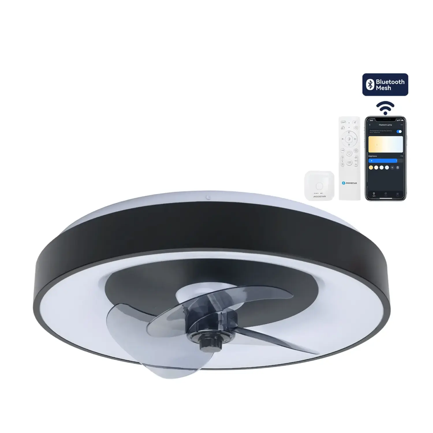 immagine del prodotto Ventilatore da soffitto Smart Bluetooth Mesh CCT, 19,5 pollici, 3 pale, 6 velocità, nero