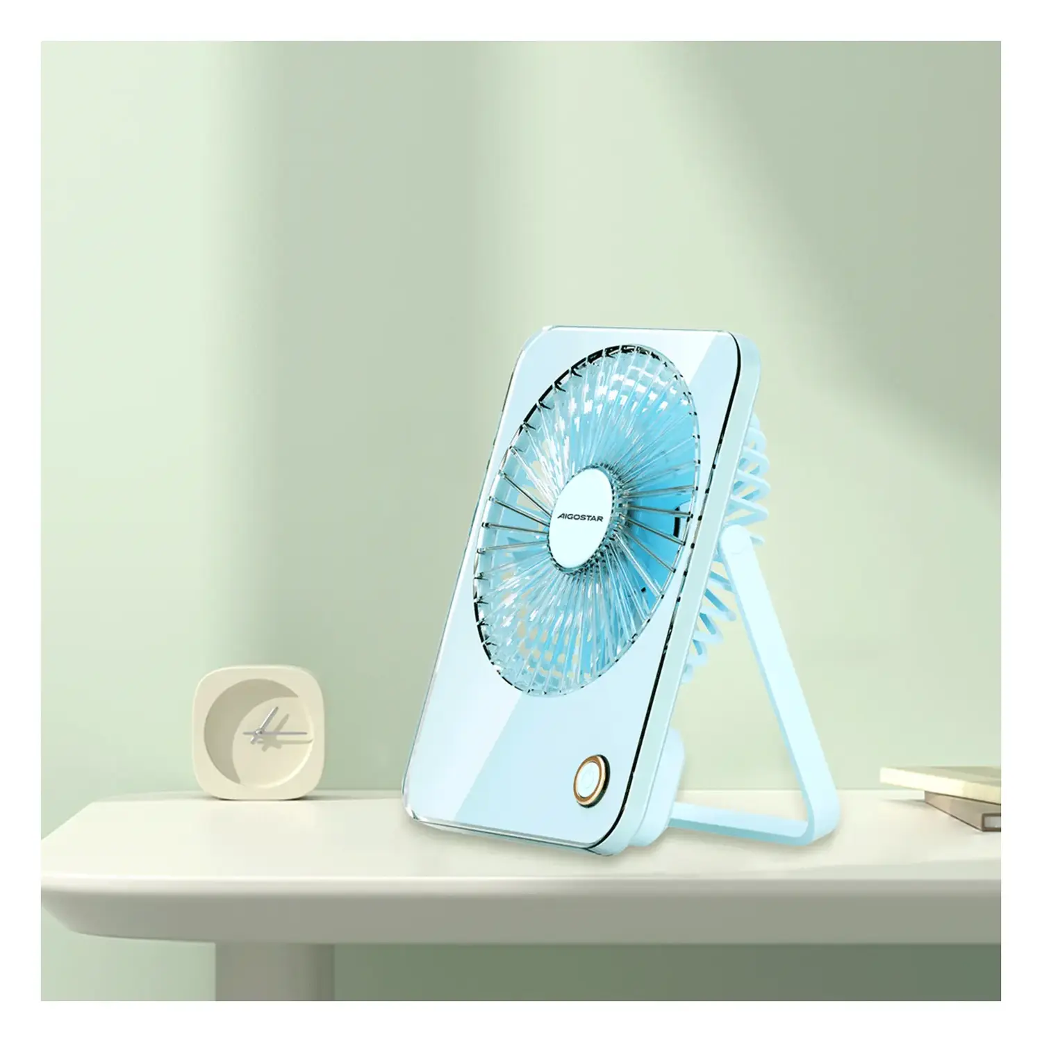 immagine Ventilatore da tavolo 3 pollici, 5 pale, 3 velocità, 3600mAh, blu