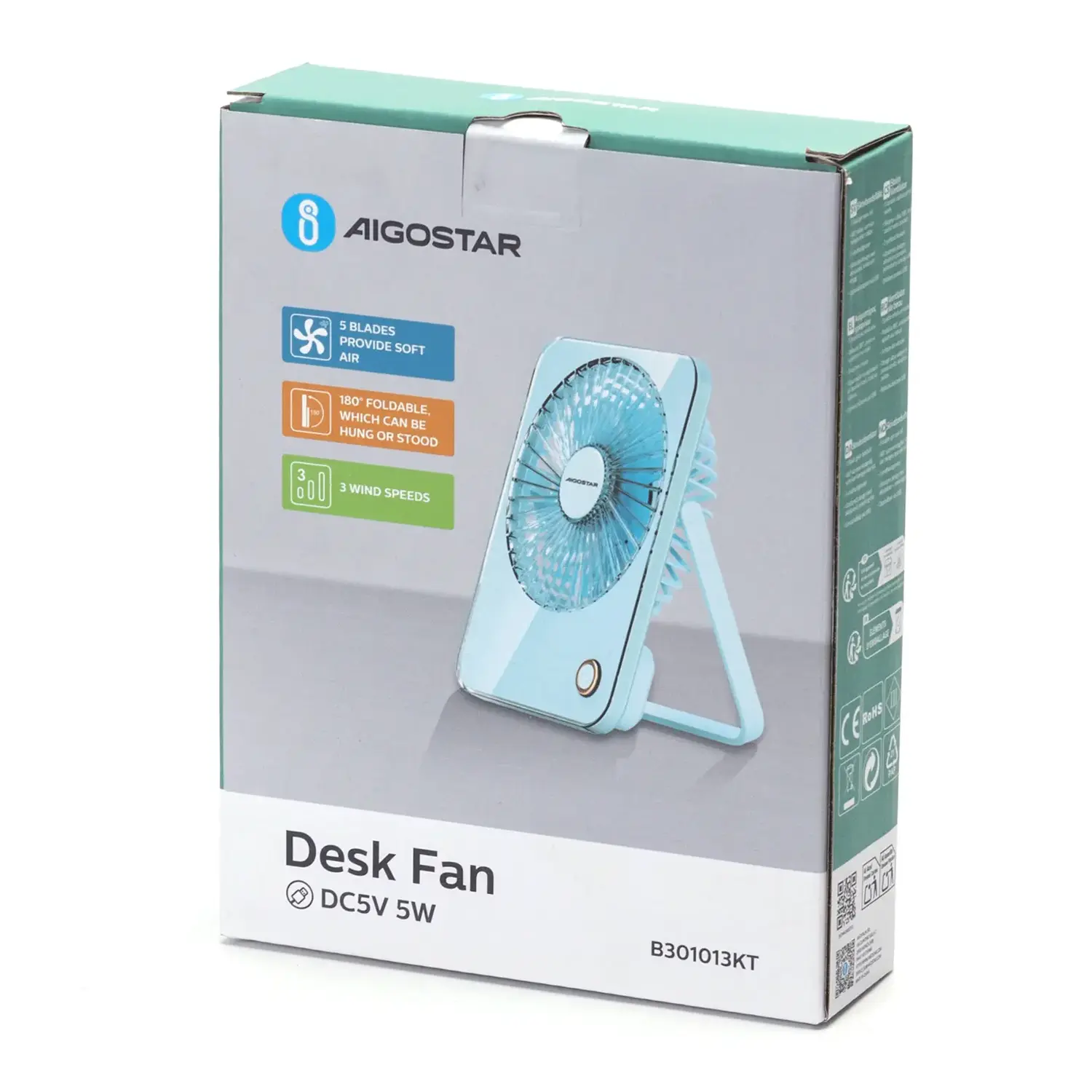 immagine Ventilatore da tavolo 3 pollici, 5 pale, 3 velocità, 3600mAh, blu