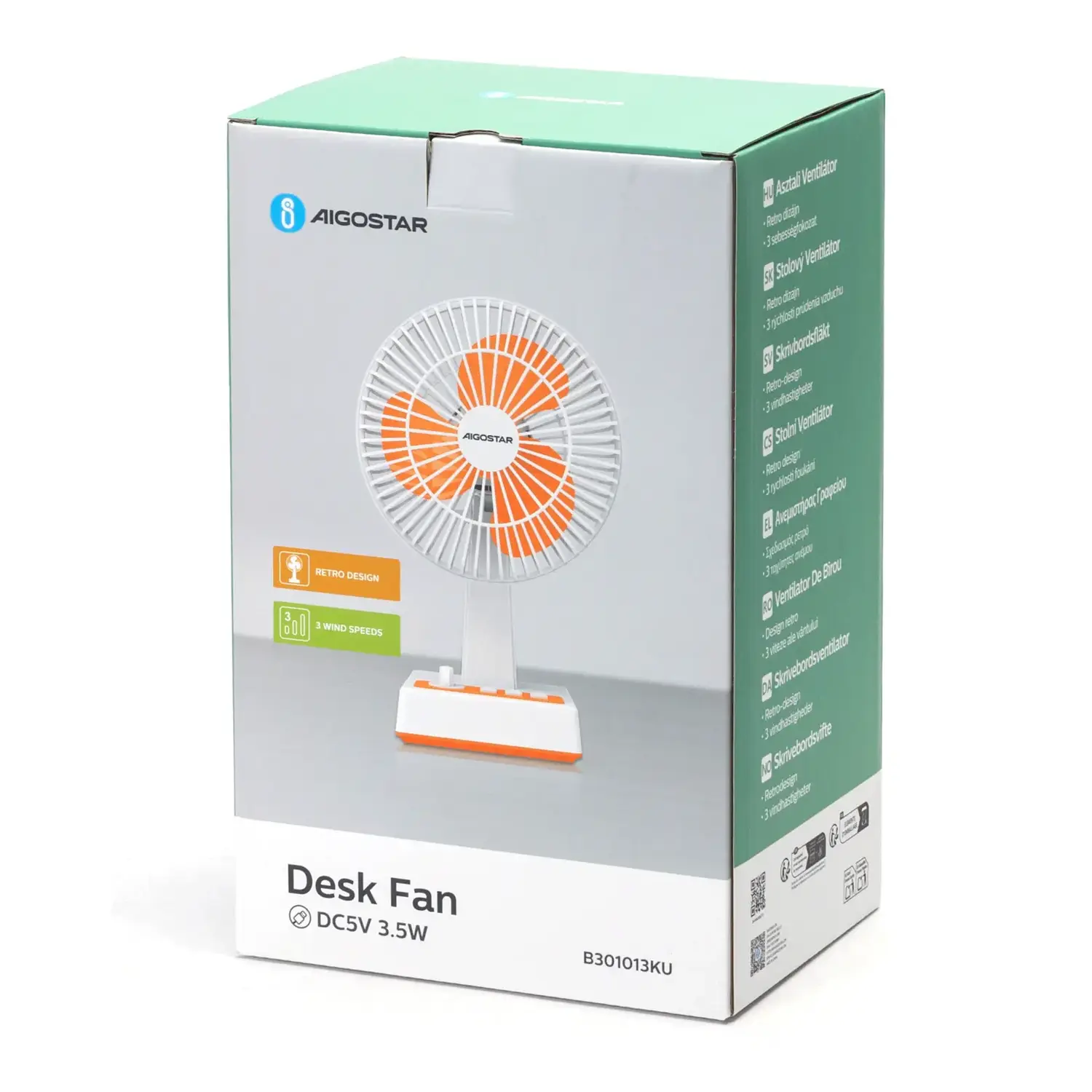 immagine Ventilatore da tavolo 8 pollici, 3 pale, 3 velocità, senza batteria, Bianco&Arancio