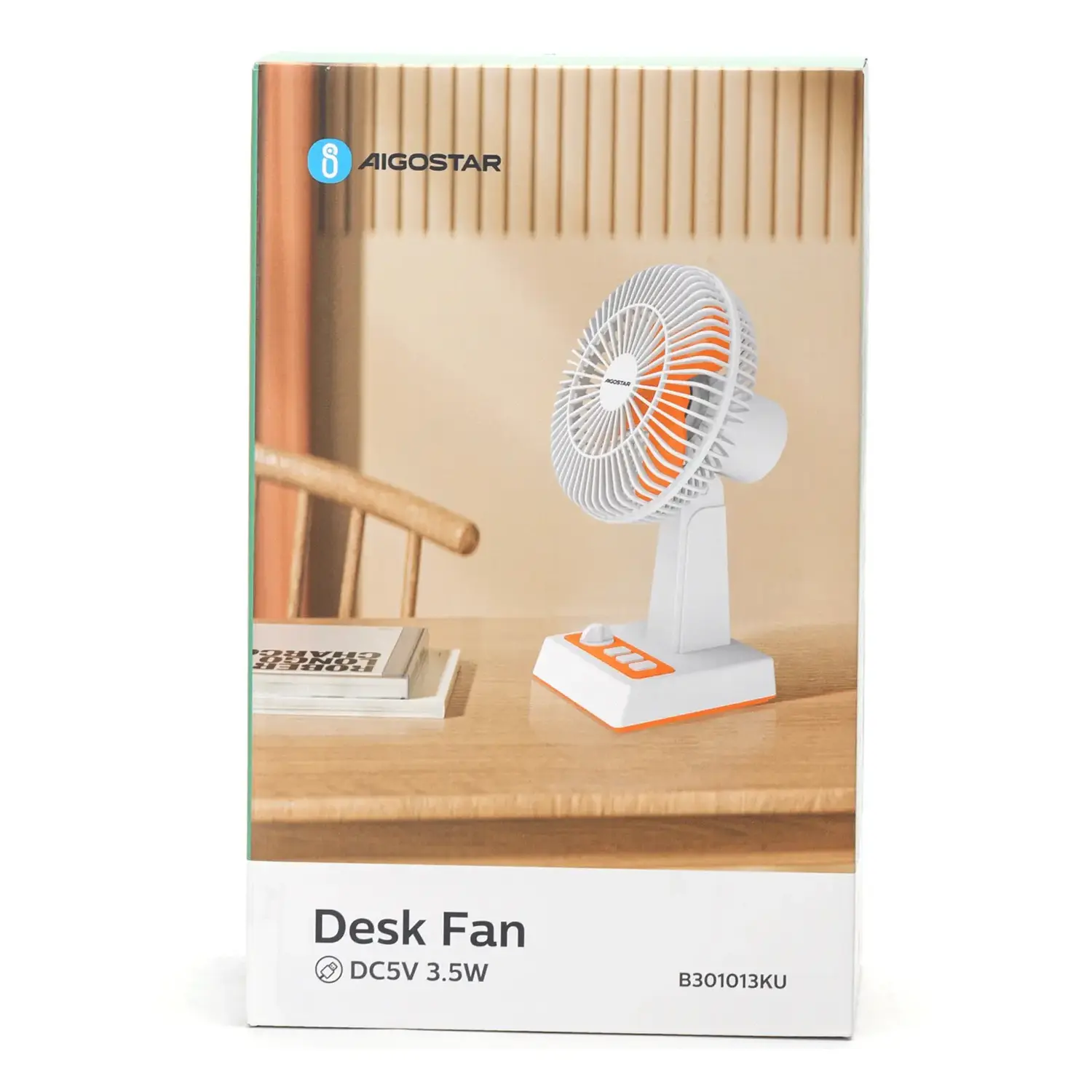 immagine Ventilatore da tavolo 8 pollici, 3 pale, 3 velocità, senza batteria, Bianco&Arancio