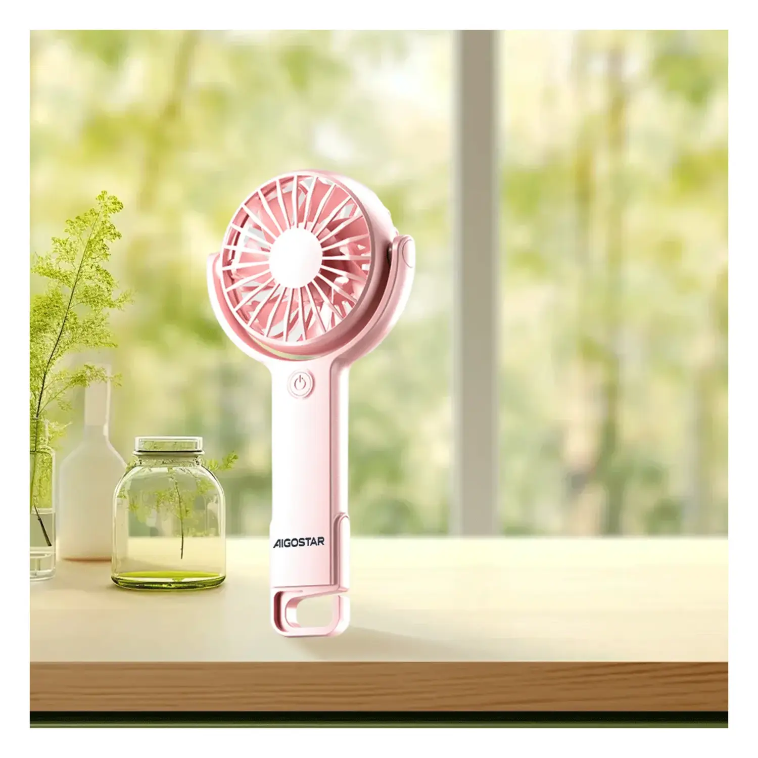 immagine Ventilatore portatile da 3 pollici, 7 pale, 5 velocità, 1200mAh, rosa