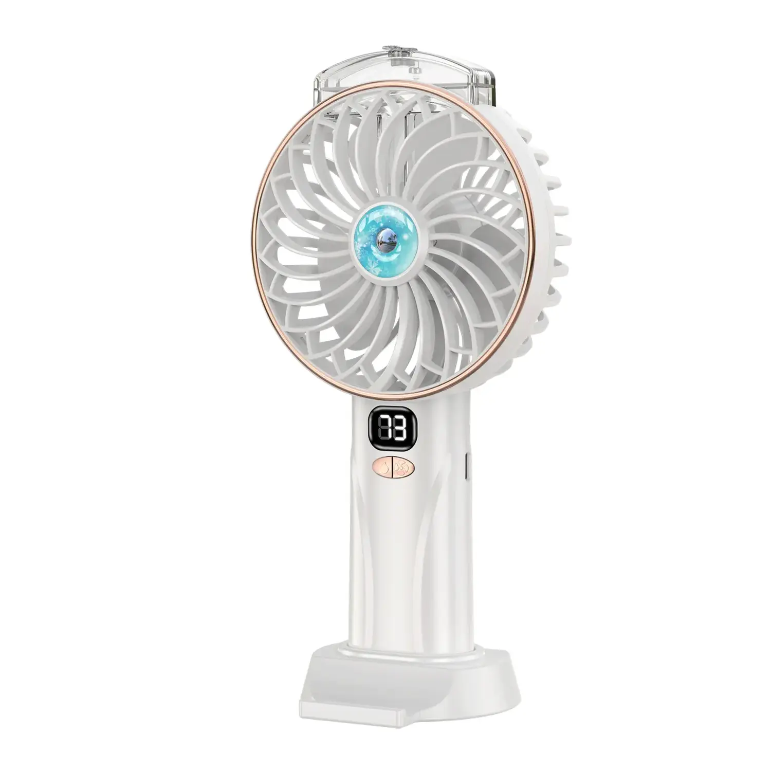 immagine del prodotto Ventilatore portatile da 4,3 pollici, 3 pale, 5 velocità, 2400mAh, bianco e oro