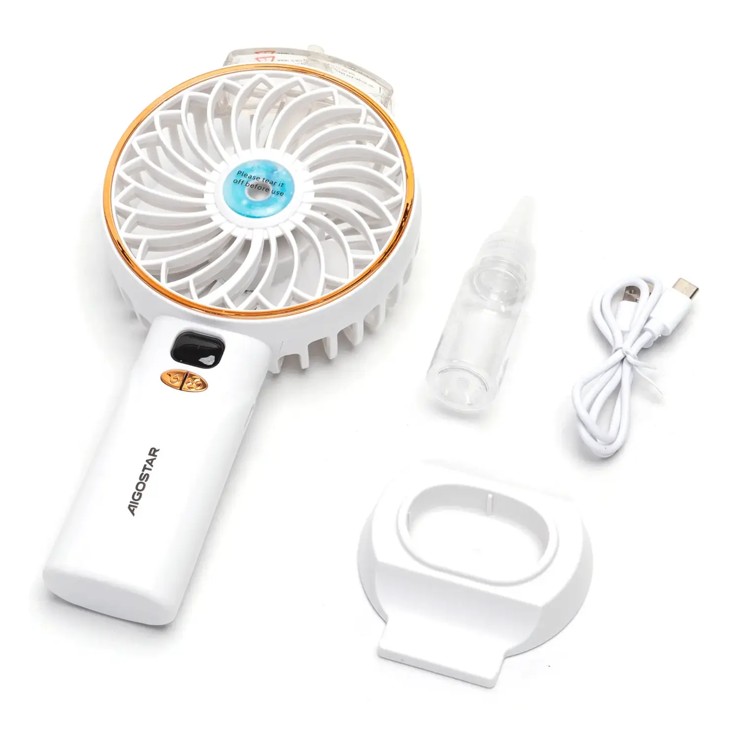 immagine Ventilatore portatile da 4,3 pollici, 3 pale, 5 velocità, 2400mAh, bianco e oro