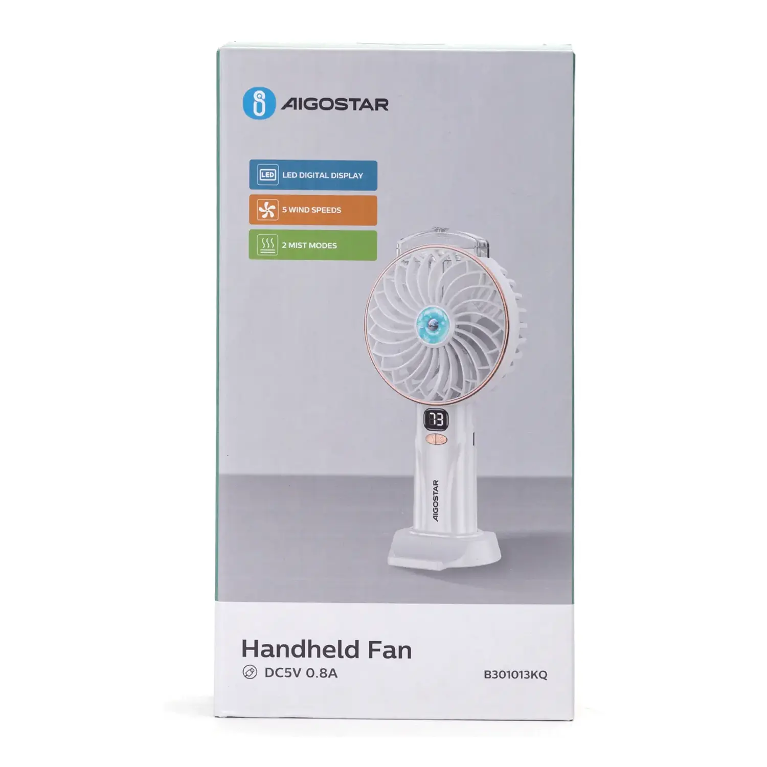 immagine Ventilatore portatile da 4,3 pollici, 3 pale, 5 velocità, 2400mAh, bianco e oro